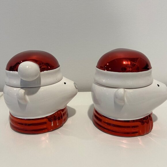 Christmas Polar Bear Ceramic candle holders With Santa Hat Lids or small candy j - Picture 6 of 16